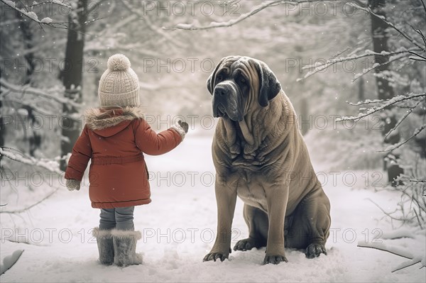 Three years old little girl wearing winter coat standing near a huge English Mastiff in a snowy forest environment with the dog looking down at the girl