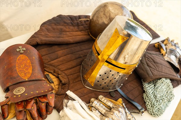 Medieval armor of an original knight in the castle of Fougeres. Brittany region