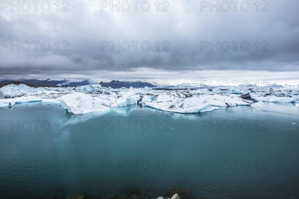Panoramic view of the frozen Joekulsarlon lake in August. Iceland
