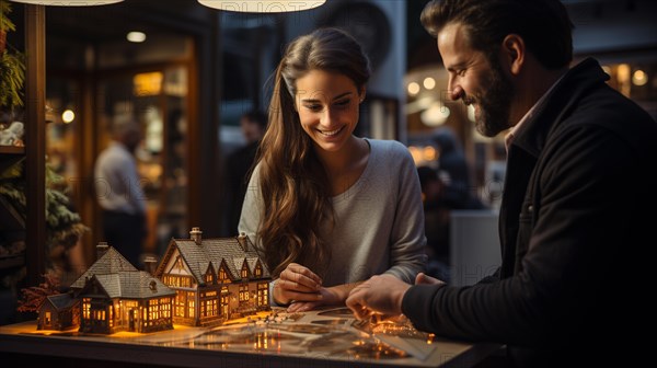 Young adult couple discussing A new housing development model on the table in front of them. generative AI