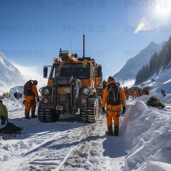 Helpers use evacuation aids to search for people buried in an avalanche