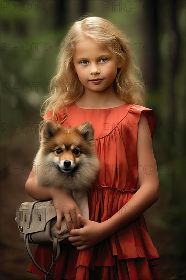 Pretty eight years old girl with long blond hair and red dress holding a German spitz in her arms