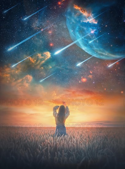 Carefree young woman in the wheat field facing the magical cosmic phenomenon. Wild and free girl rear view portrait at twilight under the starry sky falling comets. Fantastic space scenery