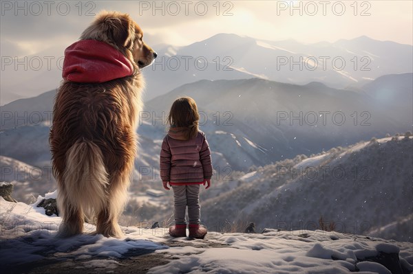 Three years old little girl wearing winter coat standing near a huge Serra da Estrela dog on a snowy mountain top