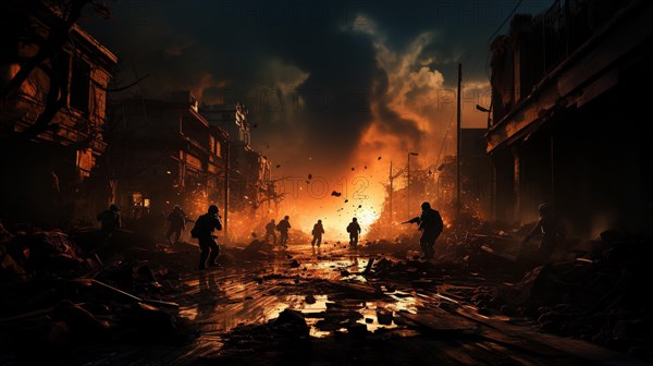 Soldiers with guns scrambling down the streets of a ravaged city amidst war. generative AI