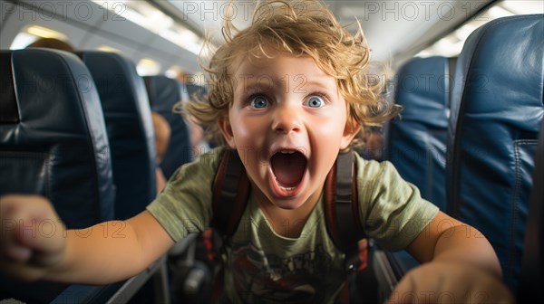 Irate child causing mayhem on an airplane bothering everyone on board. generative AI