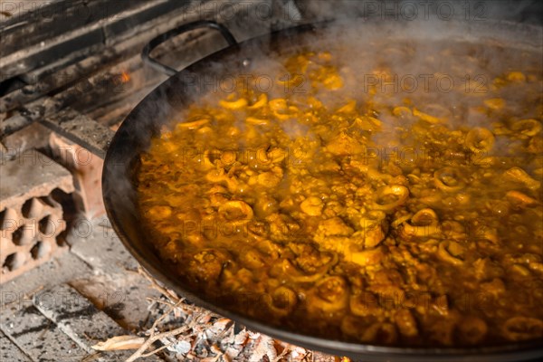 The rice at its point in the Valencian paella with embers and vegetables. Traditional Spanish food