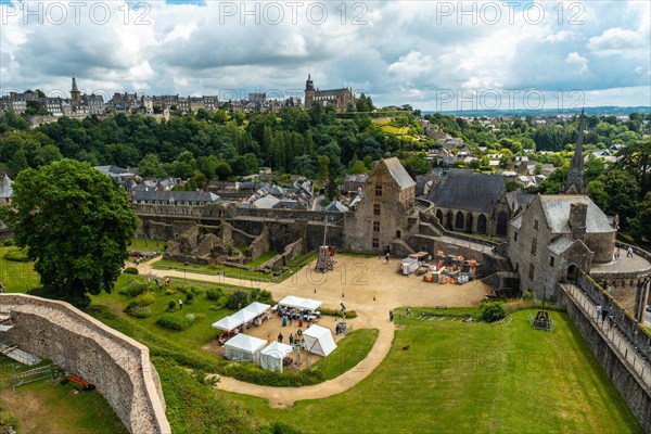 Interior of the castle of Fougeres and the city in the background. Brittany region