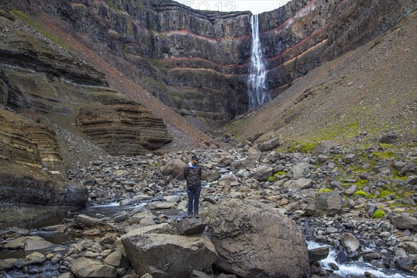 The last waterfall that descends from Hengifoss in Iceland from above