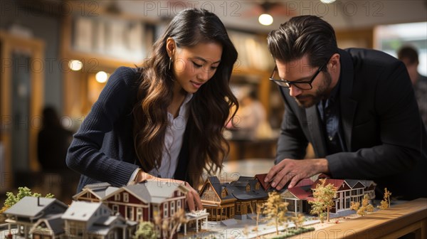 Architects working together assembling A small scale model housing developement on the table. generative AI