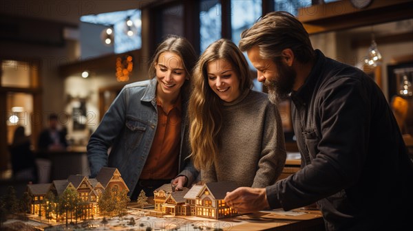 Real estate agent discussing with a young adult couple A new housing development model on the table in front of them. generative AI