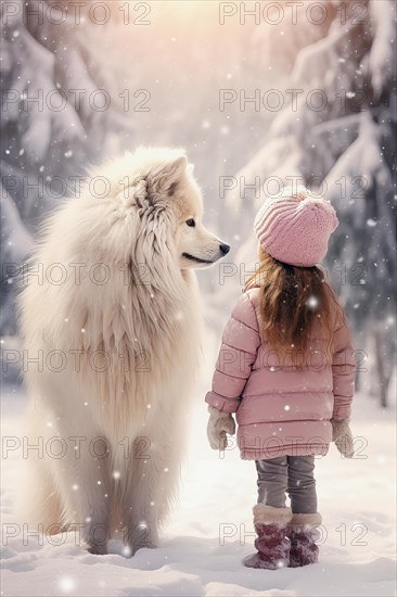 Three years old little girl wearing winter coat standing near a Eskimo dog in a snowy forest environment with the dog looking down at the girl