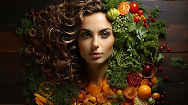 Headshot portrait of healthy woman surrounded by and partially made of fruits and vegetables