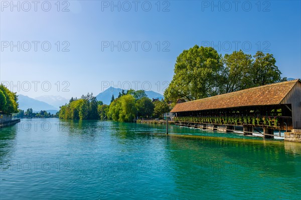 Beautiful Obere Schleuse Bridge in City of Thun in a Sunny Summer Day in Thun