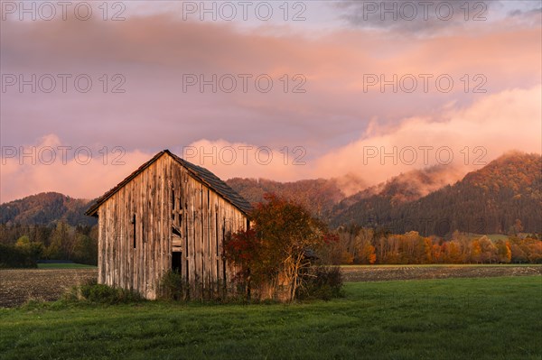 Landscape in the Allgaeu at sunset in autumn. View of the Adelegg mountain landscape