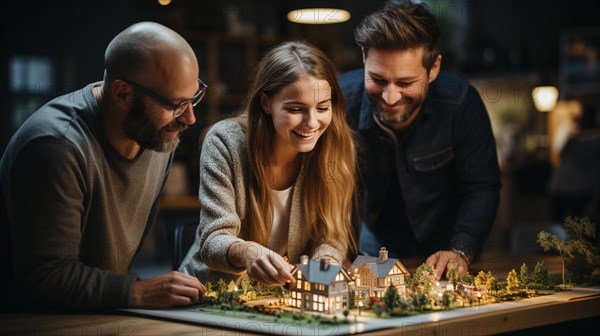 Real estate agent discussing with a young adult couple A new housing development model on the table in front of them. generative AI