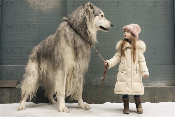 Three years old girl wearing winter clothes leading on a leash a huge Russian Wolfhound in an urban environment