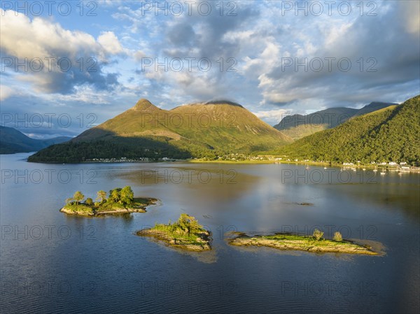 Aerial view of a group of islands in the western part of Loch Leven