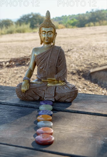 Statue of buddha in the field on a sunlit wooden table with chakra stones in a row