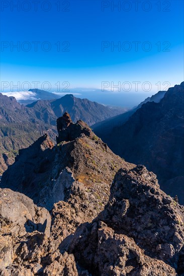 Natural viewpoint of the Caldera de Taburiente on the trek near Roque de los Muchachos one summer afternoon