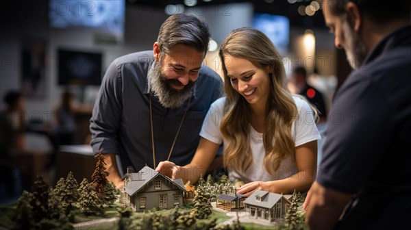 Real estate agent discussing with a young adult couple A new housing development model on the table in front of them. generative AI