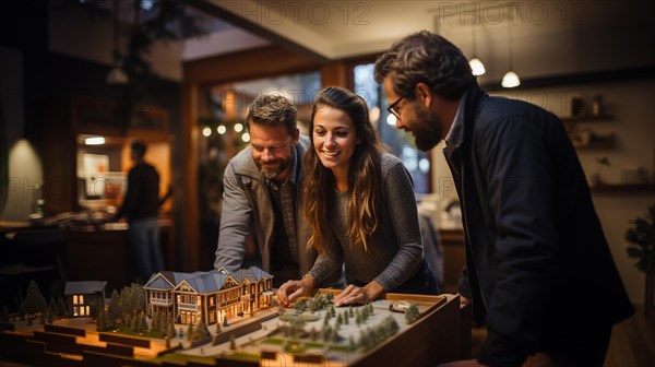 Real estate agent discussing with a young adult couple A new housing development model on the table in front of them. generative AI