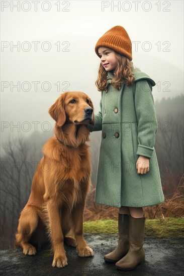 Pretty eight years old girl with a green dress and cap standing near a Golden retriever sitting in an autumnal foggy forest