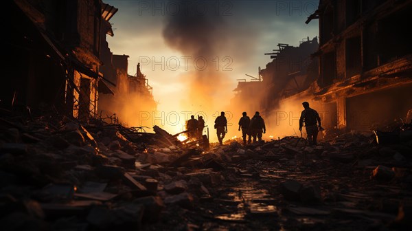 Soldiers with guns scrambling down the streets of a ravaged city amidst war. generative AI