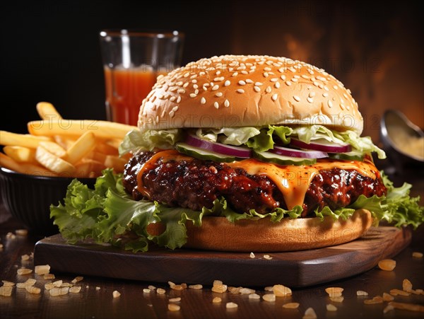 Fresh cooked delicious cheeseburger with all the fixings with fries. generative AI