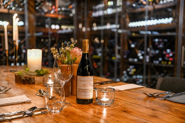 Table set in a wine cellar