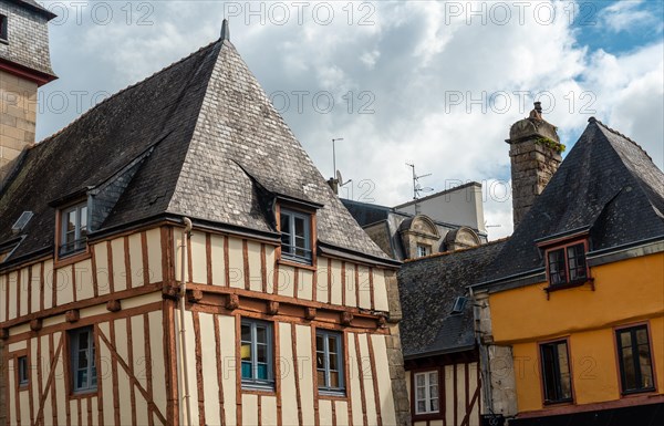 Old wooden colored houses in the medieval village of Quimper in the Finisterre department. French Brittany