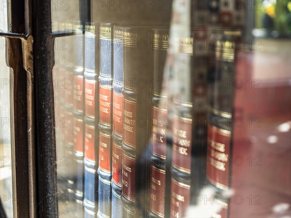 Books and encyclopaedias in old glass case