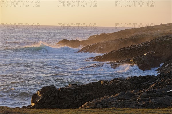 Evening atmosphere on the Cote Sauvage. The Wild Coast is a rocky coast in the west of the Quiberon peninsula in Brittany. Cores