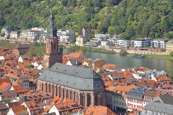 View from above of Gothic Heiliggeistkirche with cityscape and Neckar river