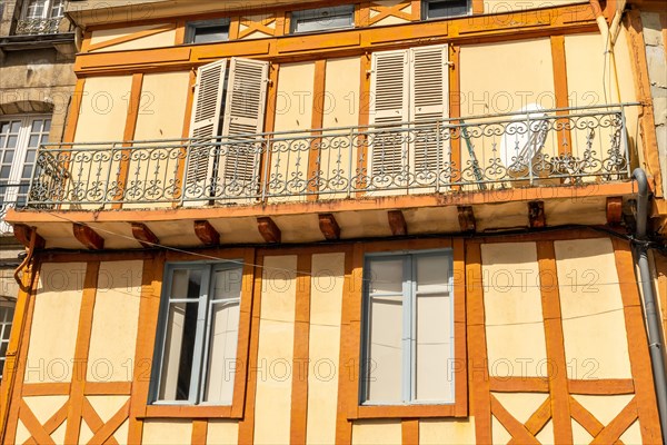 Old wooden colored houses in the medieval village of Quimper in the Finisterre department. French Brittany