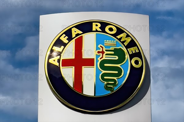 Logo of the Italian car manufacturer Alfa Romeo with elements of the coat of arms of Milan