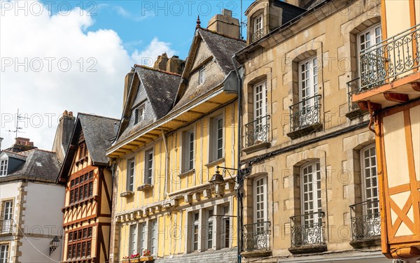 Old wooden colored houses in the medieval village of Quimper in the Finisterre department. French Brittany