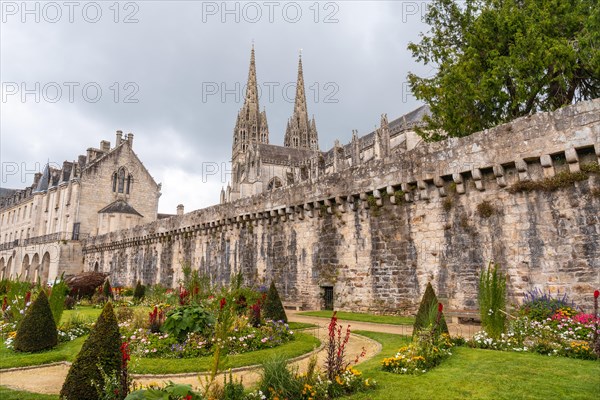 Walls of the medieval village of Quimper and the cathedral of Saint Corentin