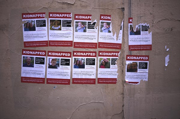 Posters of some Jewish victims kidnapped by the Islamist terrorist organisation Hamas on 07 October 2023 during the progrom