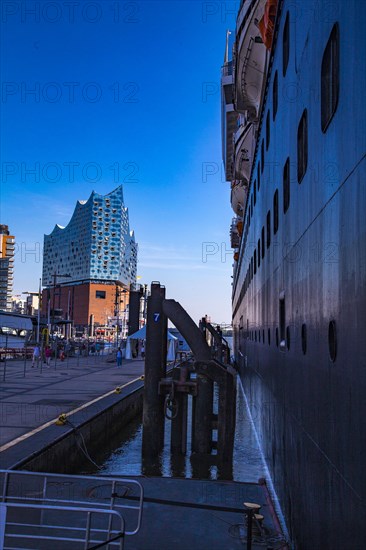 Cruise ship Vasco da Gama moored at the Ueberseebruecke in the port of Hamburg