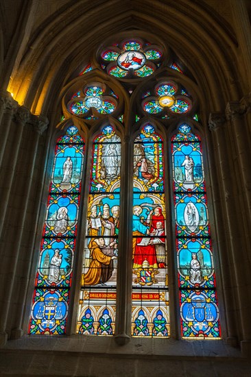 Stained glass inside the Saint Corentin cathedral in the medieval village of Quimper in the Finisterre department. French Brittany