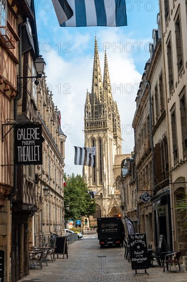 Medieval village of Quimper and the Saint Corentin de Quimper Cathedral in the background in the department of Finisterre. French Brittany