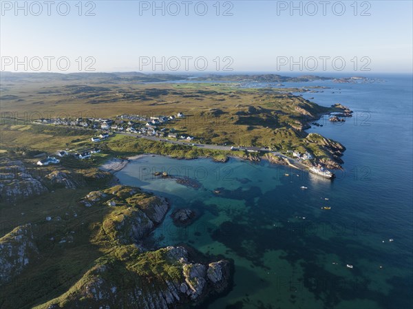 Aerial view of the fishing village of Fionnphort in the morning light