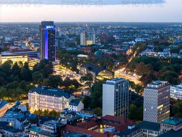 Aerial view of Dammtor railway station with Radisson Blue Hotel at the Congress Center Hamburg