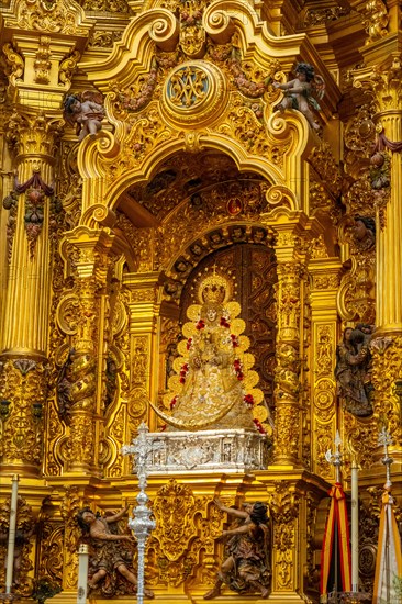 Detail of the interior of the church and the virgin in the sanctuary of El Rocio. Huelva. Andalusia