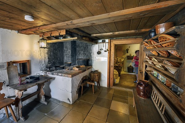 Kitchen with open fireplace in the Swabian Open Air Museum