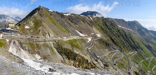 Panoramic view of north ramp Ascent from pass road to mountain pass Alpine pass with serpentines Narrow bends hairpin bends Stelvio Pass Stelvio