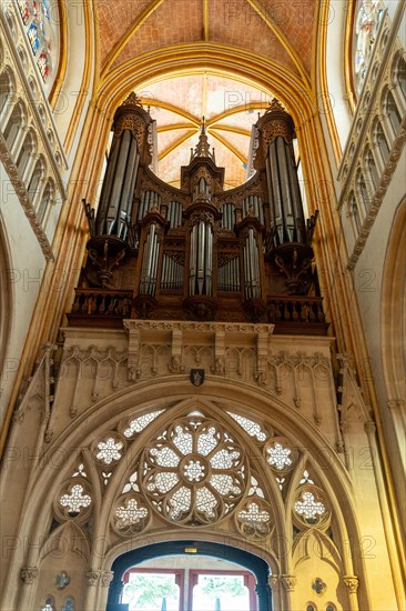 Organ inside the Saint Corentin Cathedral in the medieval town of Quimper in the Finisterre department. French Brittany