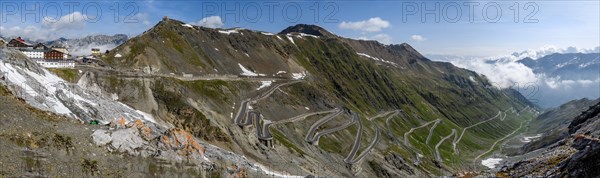 Panoramic view from Tibethaus on north ramp Ascent from pass road to mountain pass Alpine pass with serpentines Narrow bends hairpin bends Stelvio Pass Stelvio