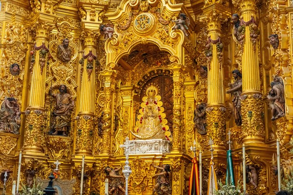 Detail of the chapel inside the church and the virgin in the sanctuary of El Rocio. Huelva. Andalusia